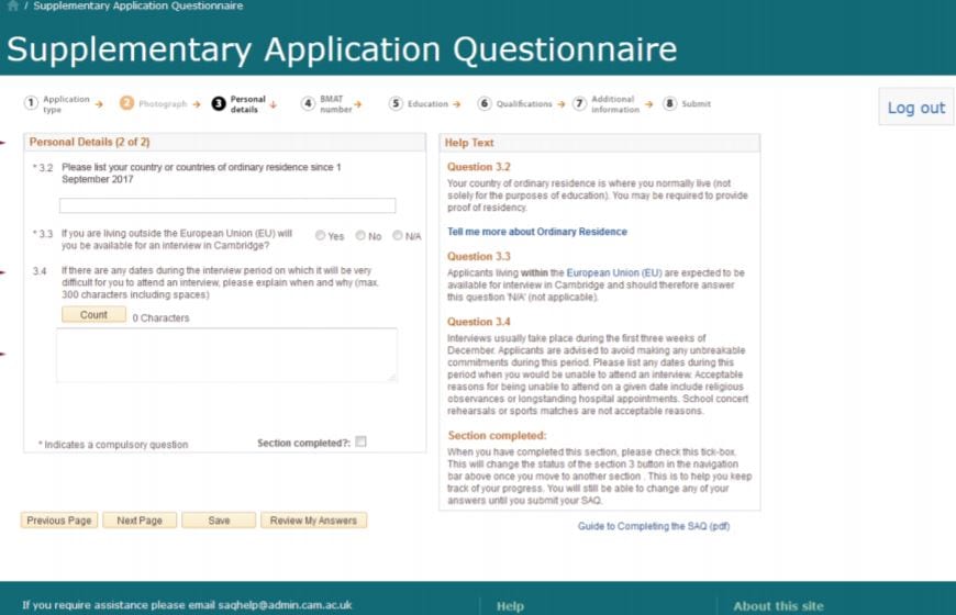 Cambridge university SAQ (supplementary application questionaire)