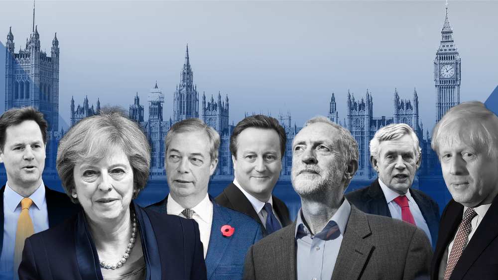 Nick Clegg, Theresa May, Nigel Farage, David Cameron, Jeremy Corbyn, Gordon Brown, Boris Johnson