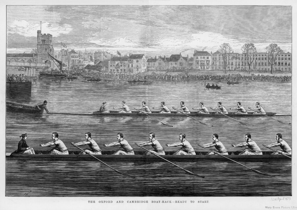 Oxford Vs Cambridge Boat Race 1873. Date: 1873 - Black and White Drawing of Two Teams of Rowers on the River Thames. Caption says "The Oxford and Cambridge Boat Race Ready to Start".