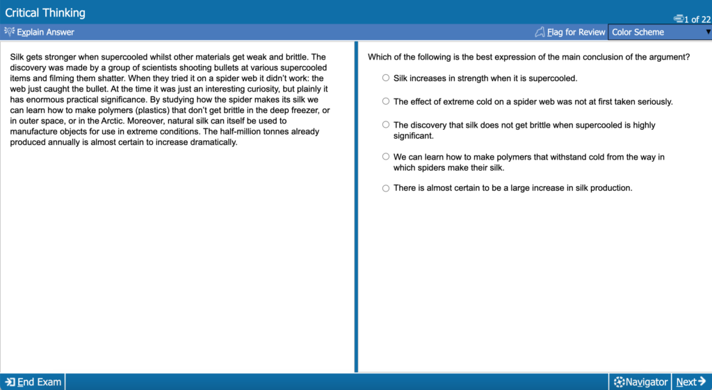 Screenshot of the Test of Academic Reasoning for Admissions (TARA) test platform
