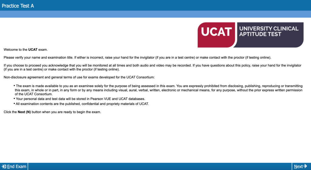 Official UCAT Practice Test Opening Screen