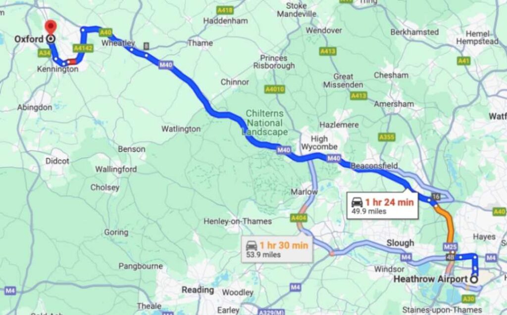 Map View of London Heathrow Airport to Oxford